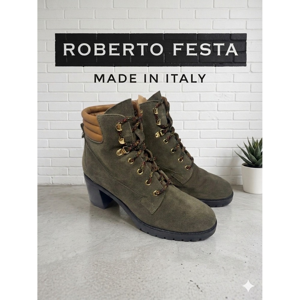 Roberto Festa Milan 💚Olive Green Suede Lace Up Block Heel Hiking Boots Italy 39
